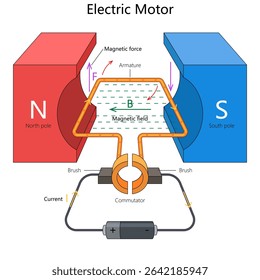 magnetic interaction in an electric motor, including armature, magnetic field, and commutator hand drawn schematic vector illustration. Science educational illustration