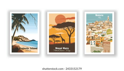 Magnetic Island, Australia. Masai Mara National Reserve, Kenya. Matera, Italy - Set of 3 Vintage Travel Posters. Vector illustration. High Quality Prints