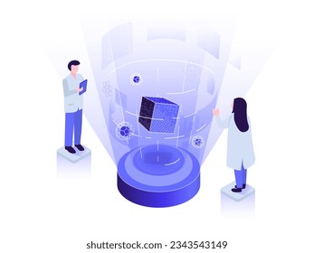 Magnetic levitating above a high temperature Superconductor, cooled with Liquid Nitrogen. People scientists study the science of levitation. Vector illustration
