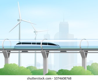 Magnetic levitation train moving on the skyway in a vacuum tunnel above the park in the city. Futuristic concept. Modern city transport. Vector illustration