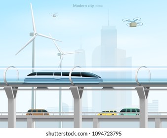 Magnetic levitation train moving on the skyway in a vacuum tunnel in the city. Futuristic concept. Modern city transport. Vector illustration