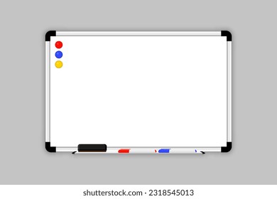 Magnetic marker whiteboard with erasing sponge pen and magnets. Empty white marker board. Mock-up office white blackboard. Whiteboard with marker pens and a sponge