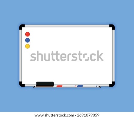 Magnetic marker whiteboard with erasing sponge pen and magnets. Empty white marker board. Mock-up office white blackboard. Whiteboard with marker pens and a sponge