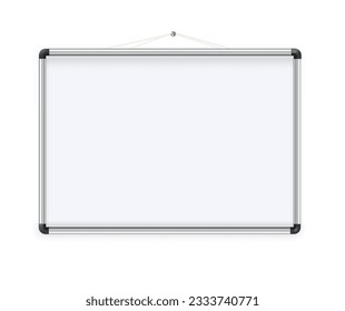 Magnetic marker whiteboard realistic Empty whiteboard with marker pens and magnets. Business presentation office whiteboard isolated vector mockup. Vector