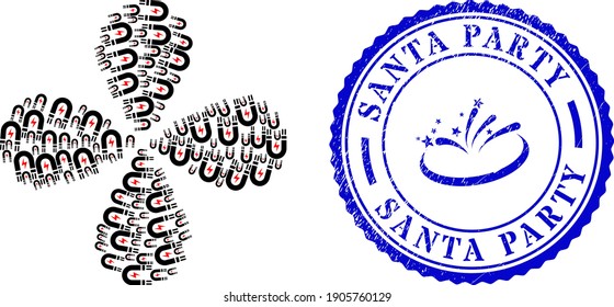 Magnetic power rotation abstract flower, and blue round SANTA PARTY dirty stamp print with icon inside. Element flower with 4 petals combined from oriented magnetic power items.