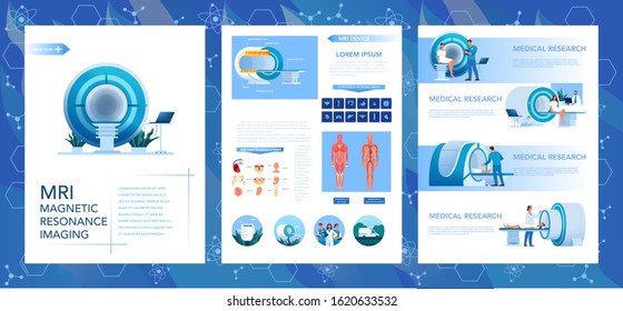 Magnetic resonance imaging advert brochure. Medical research and diagnosis. Modern tomographic scanner. Health care concept. MRI booklet or flyer with infographics. Isolated vector illustration