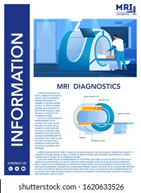 Magnetic resonance imaging advert and infographics banner. Medical research and diagnosis. Modern tomographic scanner construction. MRI contraindications. Doctors. Isolated vector illustration set