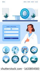 Magnetic resonance imaging application page. Medical research and diagnosis. Modern tomographic scanner. MRI clinic app interface with icon idea. Isolated vector illustration in cartoon style