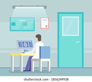 Magnetic resonance imaging in clinic. Doctor looking at computer tomography scan at computer sitting at desk in medical office. Results of making radiology test in hospital. Diagnostic of brain