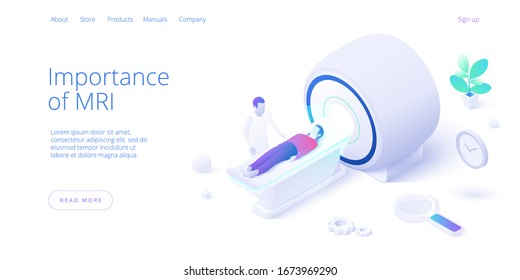 Magnetic resonance imaging concept in isometric vector design. Male doctor doing diagnostics of female patient with mri scan machine or equipment. Web banner layout template. svg