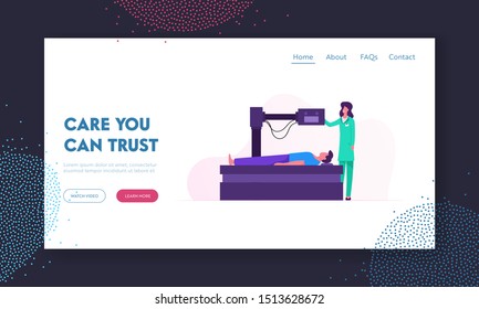 Magnetic Resonance Imaging Digital Technology Medicine Diagnostic Website Landing Page. Patient Lying Down on Mri Scan Machine with Nurse Next to Him Web Page Banner. Cartoon Flat Vector Illustration