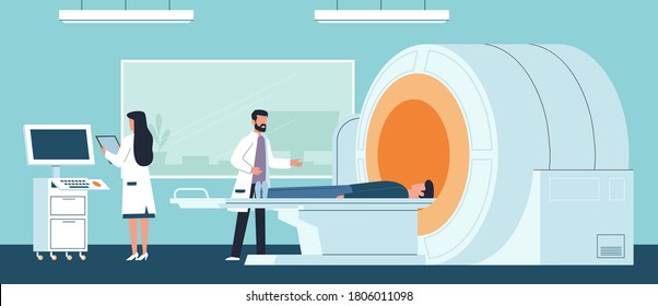 Magnetic resonance imaging. Doctor examining patient in laboratory hospital and nurse watching result on computer, procedure scanning brain x ray scanner, medical treatment vector flat cartoon concept