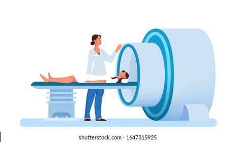 Imágenes de resonancia magnética en el hospital. Investigación y diagnóstico médicos. Escáner tomográfico moderno. Paciente con RM. Ilustración vectorial aislada en estilo caricaturista