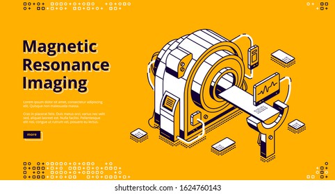 Magnetic resonance imaging isometric landing page. Mri scanner in hospital, digital technology in medicine diagnostic. Ultrasonography health care procedure 3d vector illustration, line art web banner