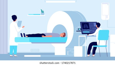 Imágenes de resonancia magnética. Equipo de Mri, médico y paciente en máquina de tomografía. Radiología del hospital, ilustración del vector del procedimiento de exploración