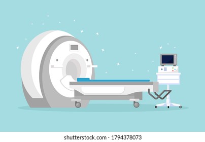 Magnetic Resonance Imaging Technology. Tomography, radiology, xray machine for examination for oncology disease, brain diagnostics. MRI machine with computer. Vector cartoon design