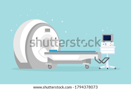 Magnetic Resonance Imaging Technology. Tomography, radiology, xray machine for examination for oncology disease, brain diagnostics. MRI machine with computer. Vector cartoon design