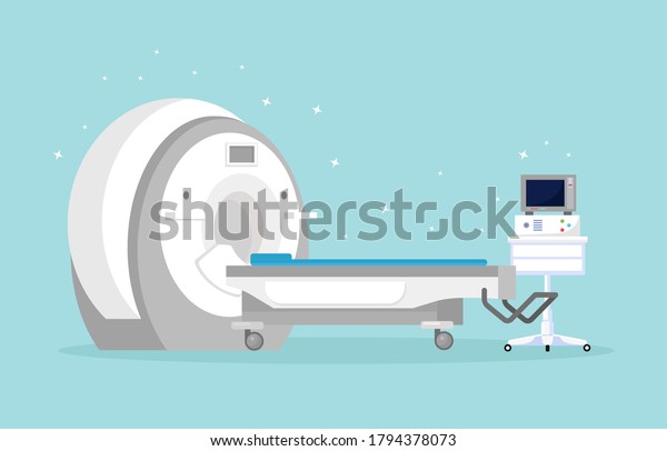 Magnetic\
Resonance Imaging Technology. Tomography, radiology, xray machine\
for examination for oncology disease, brain diagnostics. MRI\
machine with computer. Vector cartoon\
design