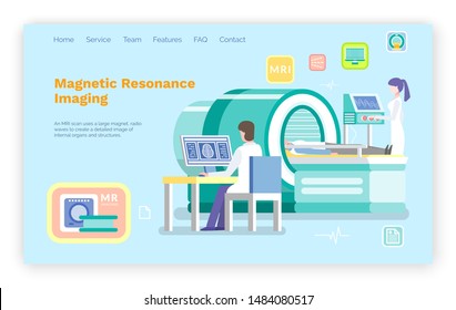 Magnetic resonance imaging vector, cr or mri help for patients. Nurse assistant and doctor sitting by computer looking at scan x ray result. Website or webpage template, landing page flat style