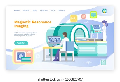 Magnetic resonance imaging vector, cr or mri help for patients. Nurse assistant and doctor sitting by computer looking at scan x ray result. Website or webpage template, landing page flat style