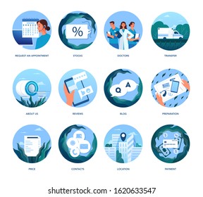 Magnetic resonance imaging website colored icons. Medical research and diagnosis and health care concept. MRI web icons, price, contacts, location, about. Isolated vector illustration set