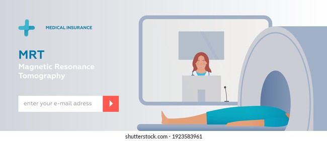 Magnetic Resonance Tomography. MRI Procedure. Patient in the Scanner, Female Medical Specialist in Laboratory. Medical Equipment. Modern Flat Vector Illustration. Web Banner. Social Media Template.