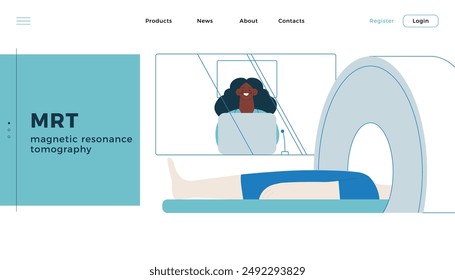 Magnetic Resonance Tomography. MRI procedure. Patient in the Scanner, Female Medical Specialist in Laboratory. Medical Equipment. Modern Flat Vector Illustration. Landing Page Design Template.