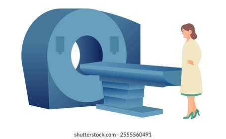 Magnetic Resonance Tomography. MRI procedure. Scanner and a Female Medical Specialist. Medical Equipment. Modern Flat Vector Concept Illustration.