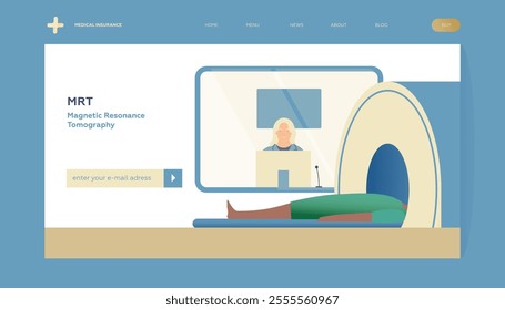 Magnetic Resonance Tomography. MRI procedure. Patient in the Scanner, Female Medical Specialist in Laboratory. Medical Equipment. Modern Flat Vector Illustration.  Landing Page Design Template.