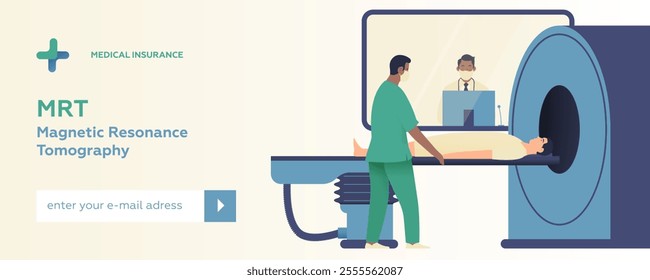 Magnetic Resonance Tomography. MRI procedure. Patient in the Scanner, Nurse, Medical Specialist in Laboratory. Medical Equipment. Modern Flat Vector Illustration.Website Banner Design Template.