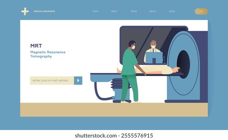 Magnetic Resonance Tomography. MRI procedure. Patient in the Scanner, Nurse, Medical Specialist in Laboratory. Medical Equipment. Modern Flat Vector Illustration. Landing Page Design Template.