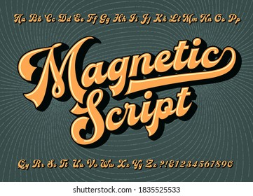 Magnetic Script is a bold stylized calligraphic type design with a retro quality; ideal for beer labels, sports teams, or motorcycle logos.