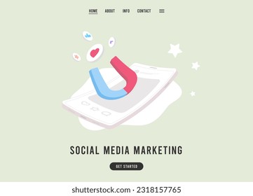 Magnetic Social Media Marketing Strategy Website Template. Massive Magnet Attracts Money from Social Network. Symbolizing the Earning Power of Technology. Illustration of Effective SMM Strategy