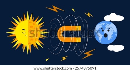 Magnetic storm. Sun and Earth characters, magnetic waves on blue background. Infographics for education, banner, poster.