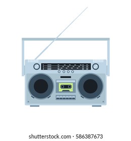 Magnetic tape cassette player. Vintage radio. Front view. Flat illustration