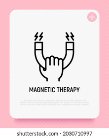 Magnetic therapy thin line icon, hand holding magnet. Magnetotherapy. Alternative medicine practice. Rehabilitation. Modern vector illustration.