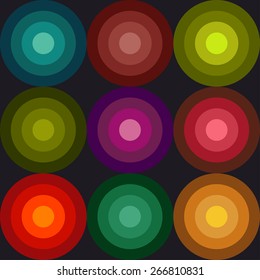 Magnetic vector pattern with multicolor concentric circles on black. Seamless texture for web, print, fabric, textile, website, card background, summer spring fashion, wrapping paper, wallpaper.
