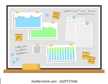 Magnetic whiteboard with charts, documents, notes and stickers. Planning work tasks in the office. Flat design. Vector illustration.