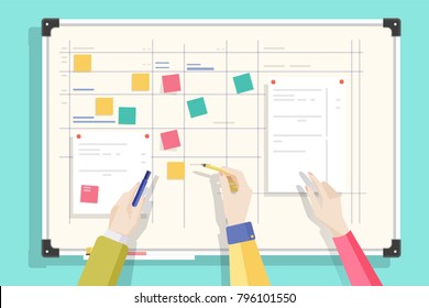 Magnetic whiteboard with table drawn on it, notes sticked by magnets and hands holding pen and pencil. Board for effective daily planning, scheduling, timetable. Colorful flat vector illustration.