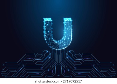 Magnetismo, fuerza de atracción y concepto de física digital con un imán de polígono brillante sobre la placa de circuito. Futurista azul neón de baja Ilustración vectorial de poli. Ciencia, ingeniería e innovación tecnológica