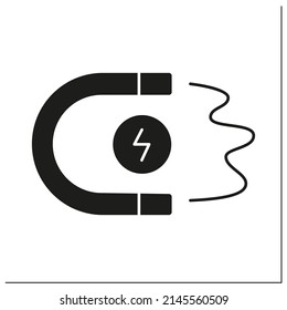 Symbol für die Magneteisenbrille Bewegung für elektrische Ladungen. Ziehen Sie geladene Körper zum Magneten auf. Elektromagnetismus. Physikalische Zweige Konzept.Ausgefülltes Flachzeichen. Isolierte Silhouette, Vektorgrafik