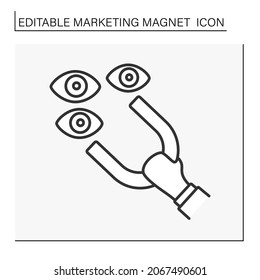Magnetism line icon. Hand keep magnet and attract people eye. Likes. Marketing magnet concept. Isolated vector illustration. Editable stroke