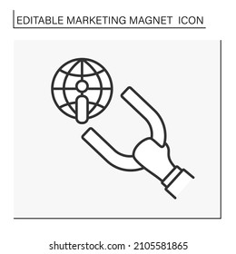 Magnetism line icon. Hand keep magnet and attract international information. Global communication. Social network.. Likes. Marketing magnet concept. Isolated vector illustration. Editable stroke