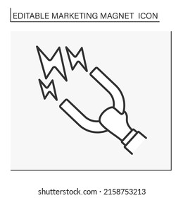 Magnetism line icon. Hand keep magnet and attract lightning. Dangerous Marketing magnet concept. Isolated vector illustration. Editable stroke