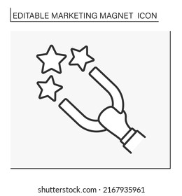 Icono de línea de magnetismo. Mantengan el imán y atraigan a las estrellas. Calificación. Evaluación. Concepto de imán de marketing. Ilustración vectorial aislada. Trazo editable