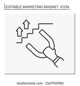  Icono de línea de magnetismo. Mantengan el imán y atraigan el crecimiento profesional. Trabajo. Concepto de imán de marketing. Ilustración vectorial aislada. Trazo editable