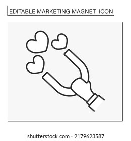 Icono de línea de magnetismo. Mantengan el imán y atraigan el amor. Relación y apoyo. Concepto de imán de marketing. Ilustración vectorial aislada. Trazo editable