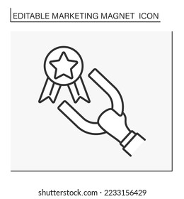Magnetism line icon. Hand keep magnet and attract rewards. Badge award. Marketing magnet concept. Isolated vector illustration. Editable stroke