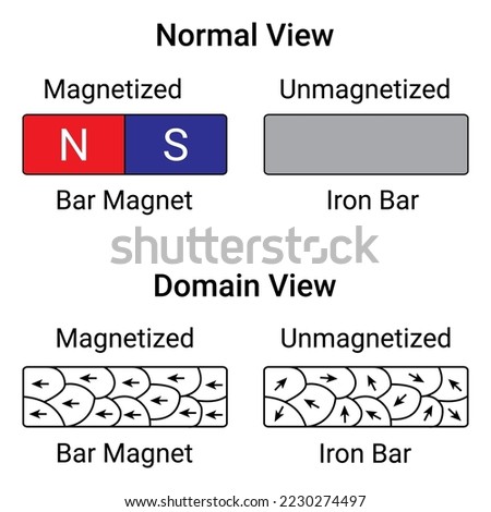 Magnetized and Unmagnetized. Normal view dan domain view. Magnetism. Suitable for Educational Products. Vector Illustration Isolated on White.