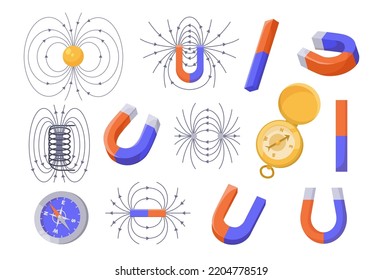 Magnets and compass vector illustrations set. Cartoon drawings of horseshoe magnet, electromagnetic field, magnetic flux or force isolated on white background. Physics, science, magnetism concept